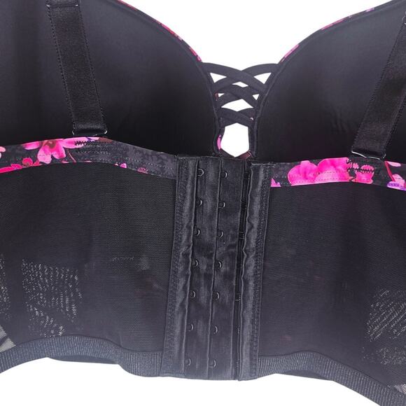 Torrid Curve Push- Up Plunge Black Lace Overlay Pink Floral Bra 42DD - Picture 3 of 5